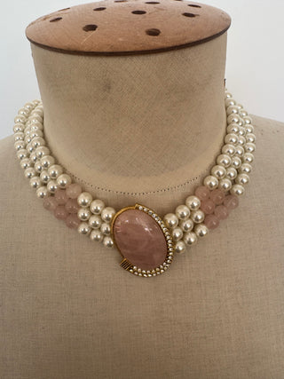 Art Deco inspired Vintage Faux Pearl Costume Necklace with Rose Quartz