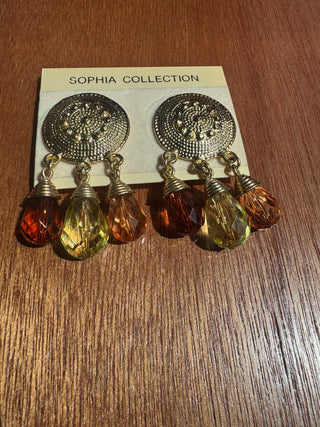 Vintage Clip on Earrings, Gold with 3 drop beaded pendants