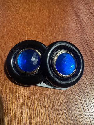 Double pair of Blue and Green Vintage "Gem" Earrings with black and Gold
