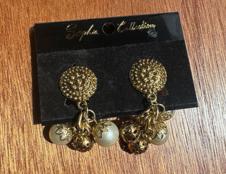 Vintage Clip on Gold Bead and Pearl Dangly Earrings