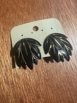 Vintage Clip on Earrings - Leaf Style, Black and Gold Enamel