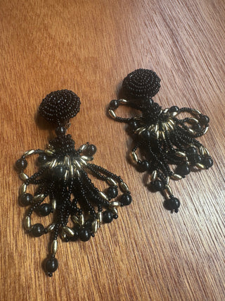 Vintage Clip on Black and Gold Beaded Drop Earrings