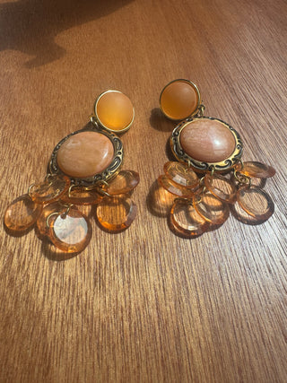 Vintage Peach Cabochon Dangly Clip on Earrings