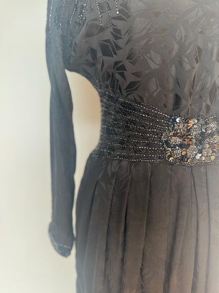 Stunning Black Batwing 1980s Dress with bead and sequin detailing - Size 8