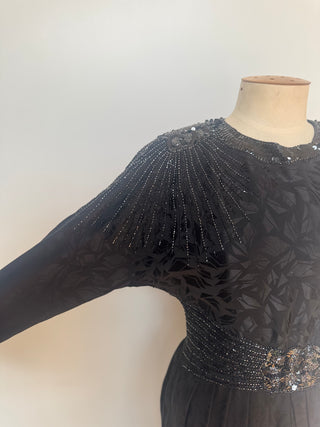 Stunning Black Batwing 1980s Dress with bead and sequin detailing - Size 8