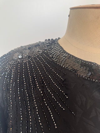Stunning Black Batwing 1980s Dress with bead and sequin detailing - Size 8