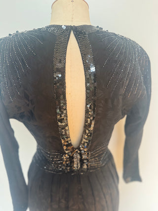 Stunning Black Batwing 1980s Dress with bead and sequin detailing - Size 8