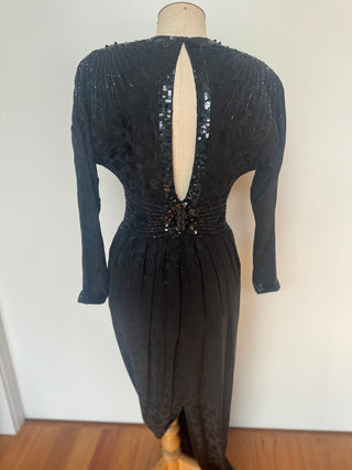 Stunning Black Batwing 1980s Dress with bead and sequin detailing - Size 8