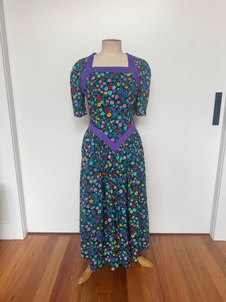 Leslie Luck Vintage 80s Cotton Patterned Day Dress - Size 8