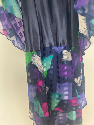 Vintage Ann Hobbs for Cattiva Silk with Gold thread Bright 2 Piece Ruffle Dress - Size 8