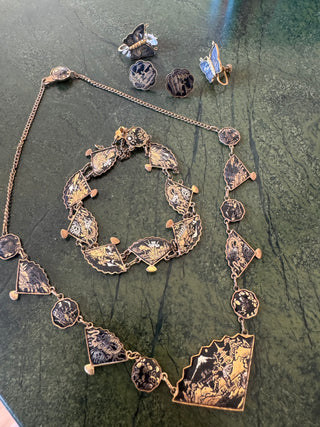 Vintage Japanese damascene jewellery set