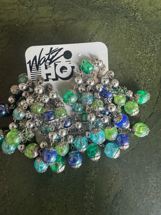 Vintage Blue and Green Beaded Cluster Earrings - Clip Ons