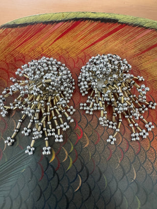 Vintage Starburst Beaded Earrings Silver Tone