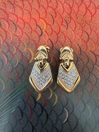 Elegant Vintage Chevron Clip ons - Gold Tone with Crystals