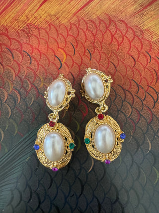 Vintage Clip on Pearl Drop Earrings with Coloured Crystals