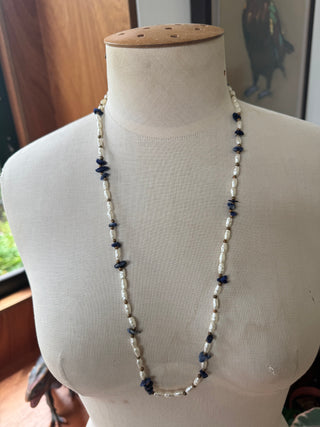 Freshwater and lapis chip necklace