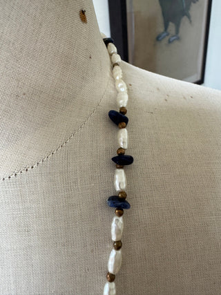 Freshwater and lapis chip necklace