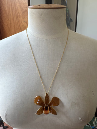 Real Preserved Orchid Brooch or Pendant - Resin and Gold Plate