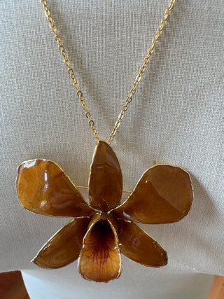 Real Preserved Orchid Brooch or Pendant - Resin and Gold Plate