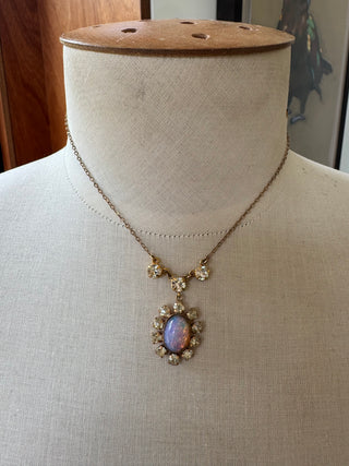 1950s synthetic opal vintage pendant and gold tone necklace