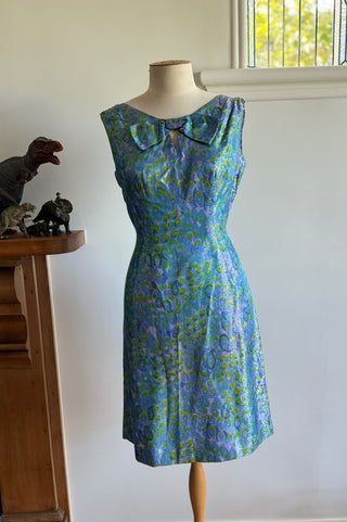 Metallic Brocade 1960s Mod Dress Blue/Pink/Green