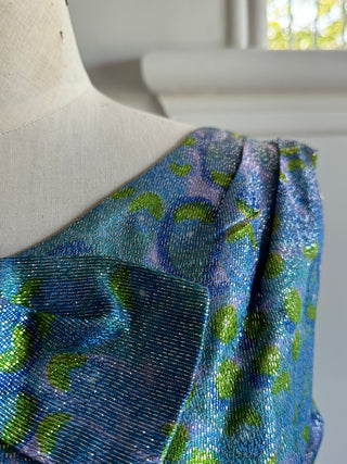 Metallic Brocade 1960s Mod Dress Blue/Pink/Green
