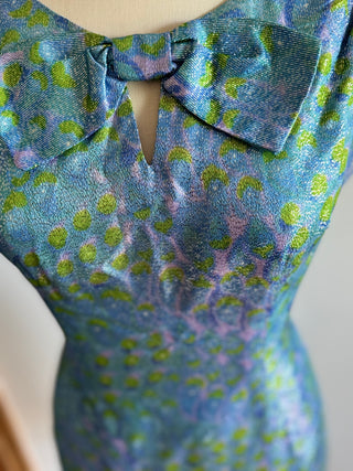 Metallic Brocade 1960s Mod Dress Blue/Pink/Green
