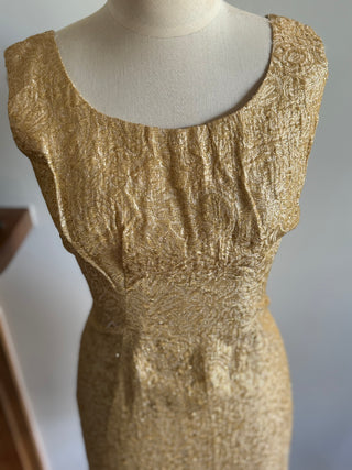Metallic Brocade 1960s Mod Dress GOLD - Fit size 8