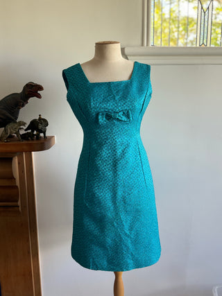 Metallic Brocade 1960s Mod Dress Turquoise Blue