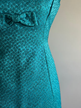 Metallic Brocade 1960s Mod Dress Turquoise Blue