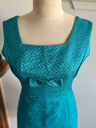 Metallic Brocade 1960s Mod Dress Turquoise Blue