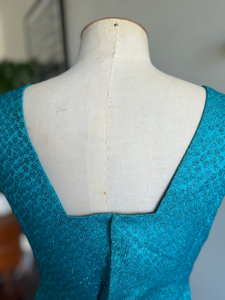 Metallic Brocade 1960s Mod Dress Turquoise Blue
