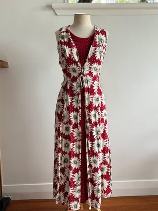 90s Vintage Dress - Red Polkadot and White Floral Print - Size 10 or Small
