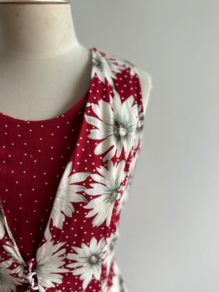 90s Vintage Dress - Red Polkadot and White Floral Print - Size 10 or Small