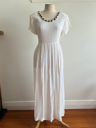 White Vintage Dress with Rosette Neckline