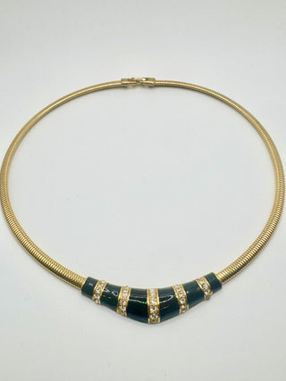 Vintage Gold Tone Snake Chain Collar Necklace with Black Enamel and Rhinestones
