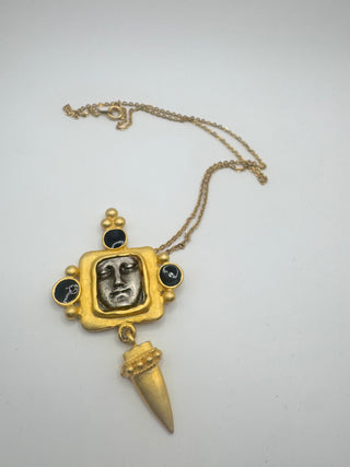 Intriguing Vintage Gold Tone Face Pendant with Chain