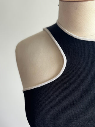 Zara One Sleeve Top, Black with white neckline