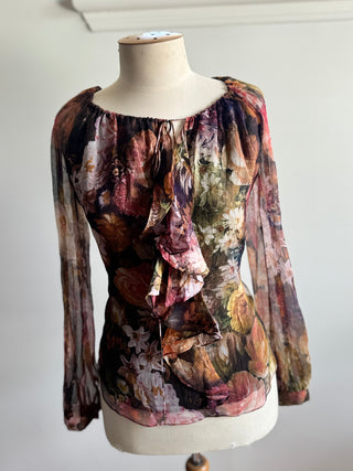 Silk Floral Shirt with drawstring neckline - ruffle front.