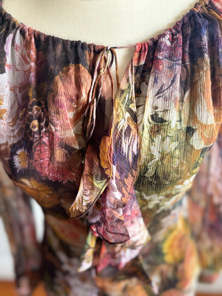 Silk Floral Shirt with drawstring neckline - ruffle front.