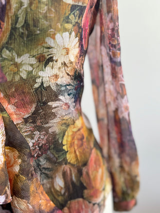Silk Floral Shirt with drawstring neckline - ruffle front.