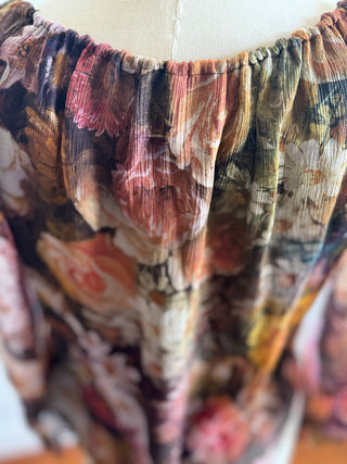 Silk Floral Shirt with drawstring neckline - ruffle front.