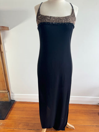 90s Vintage Evening Gown with Metallic Trim and Beads and Neck Scarf