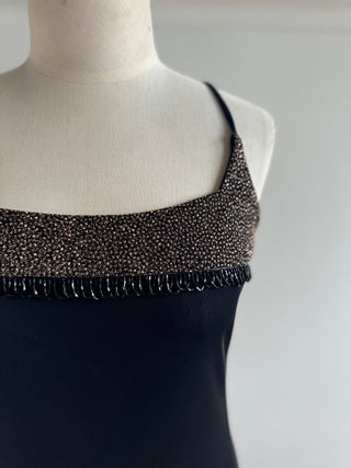 90s Vintage Evening Gown with Metallic Trim and Beads and Neck Scarf