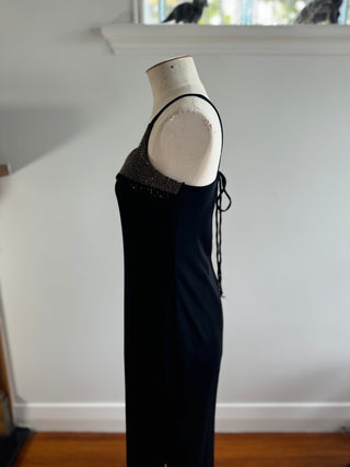 90s Vintage Evening Gown with Metallic Trim and Beads and Neck Scarf