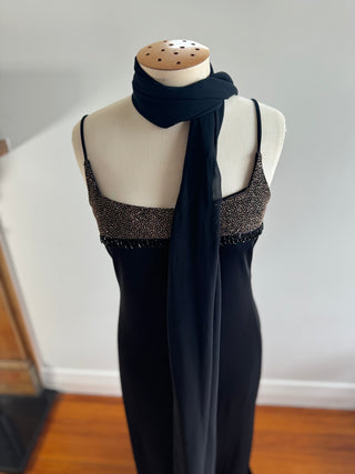 90s Vintage Evening Gown with Metallic Trim and Beads and Neck Scarf