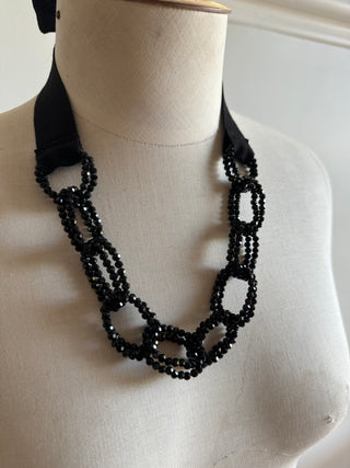 Max & Co Black Crystal Chain Necklace with Adjustable Grosgrain Ribbon