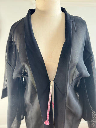 Vintage Japanese Silk Kimono - OSFA - Black Sheer with Bamboo Detail on Back