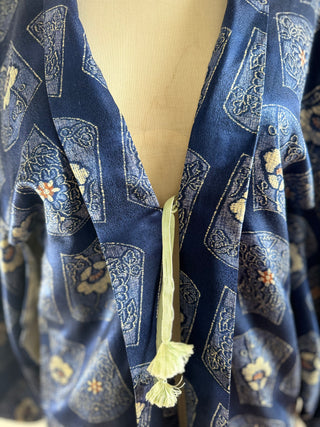 Vintage Japanese Silk Kimono - OSFA - Blue with Floral Detail