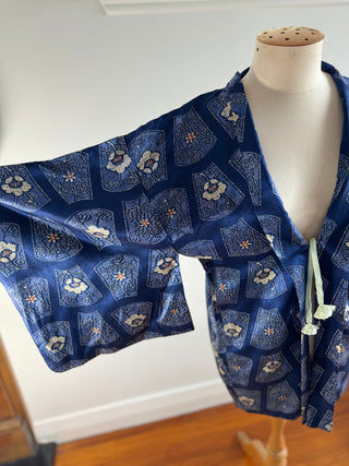 Vintage Japanese Silk Kimono - OSFA - Blue with Floral Detail